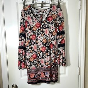 Xhilaration by Target XS Boho Floral Mini Dress with Bell Sleeves and Pockets